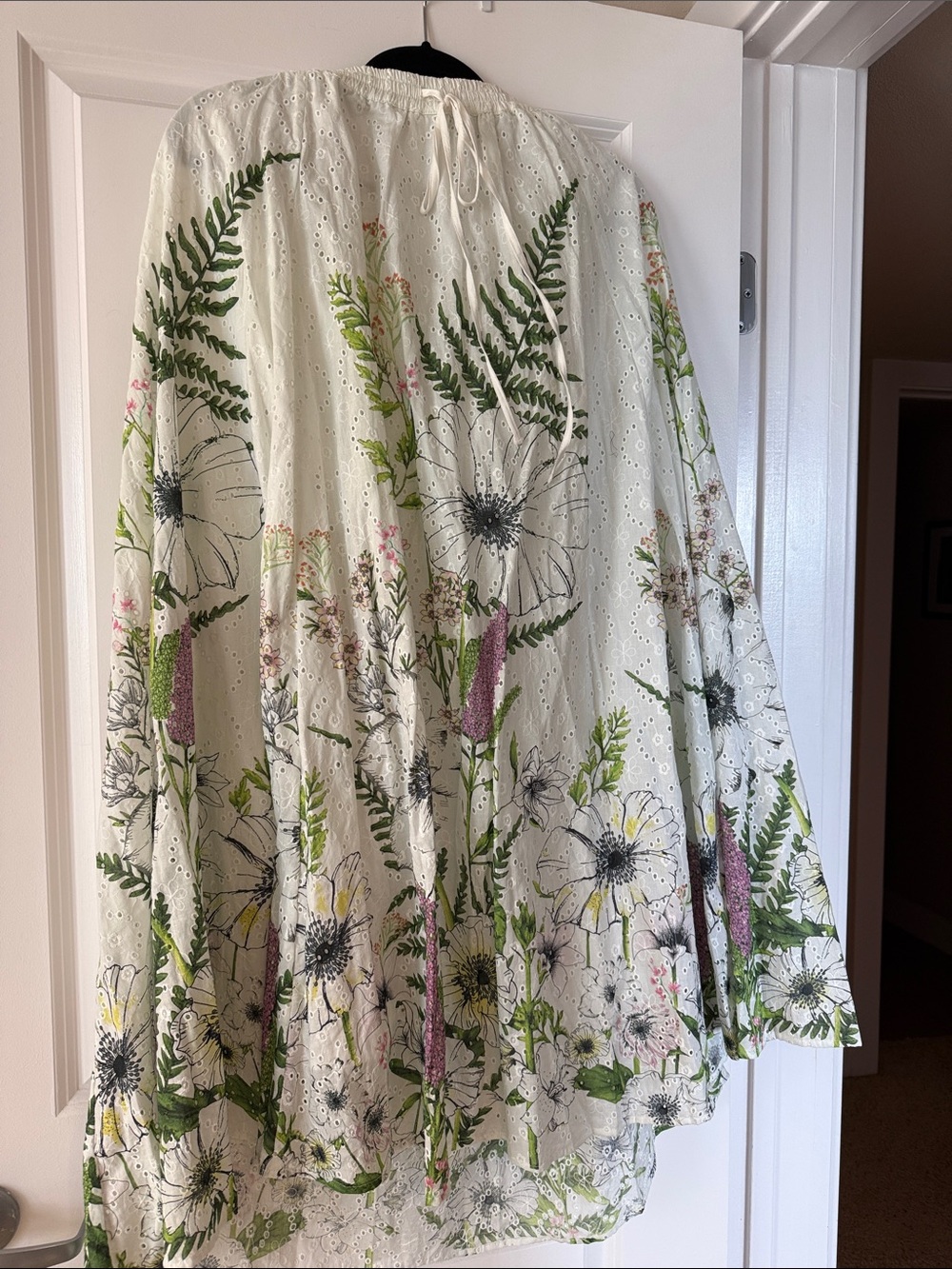 White Eyelet Floral Maxi Skirt with Green Fern Print